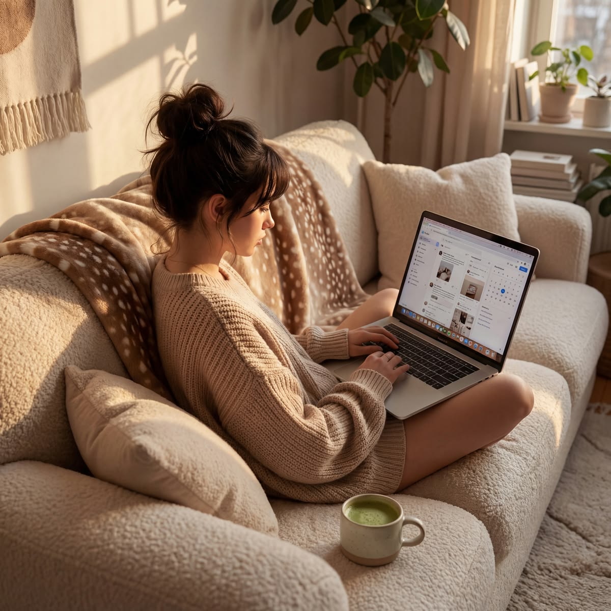 Professional closing laptop at end of workday in warm evening light